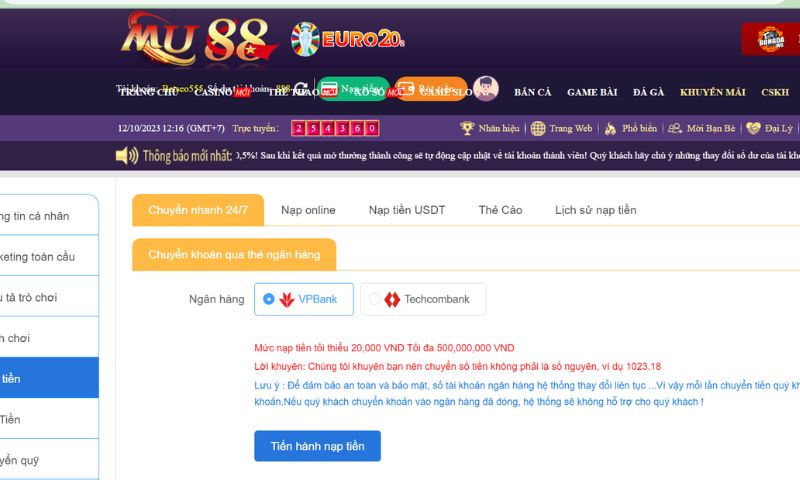 Hướng dẫn nạp tiền Mu88 thần tốc cho người mới
